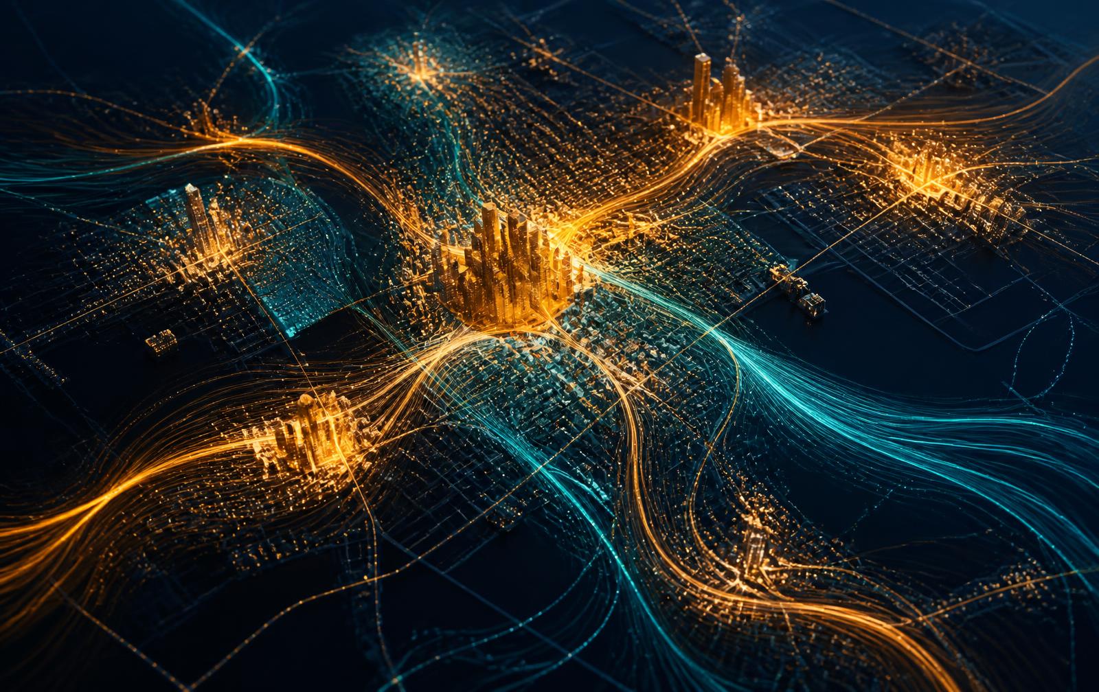 Abstract map of a city with glowing data routes between neighborhoods